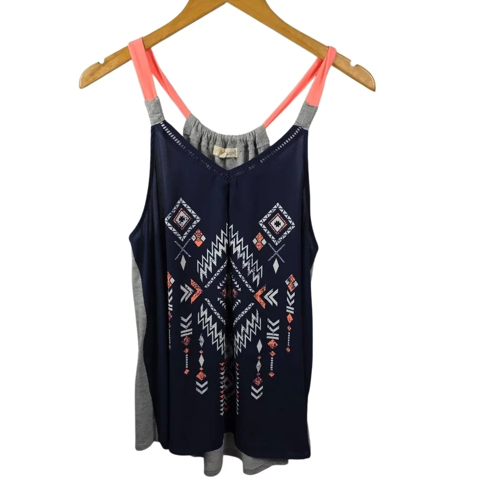 Rewind Navy Aztec Tank with Coral Straps and Gray Side Panels Size Xl - Picture 1 of 8